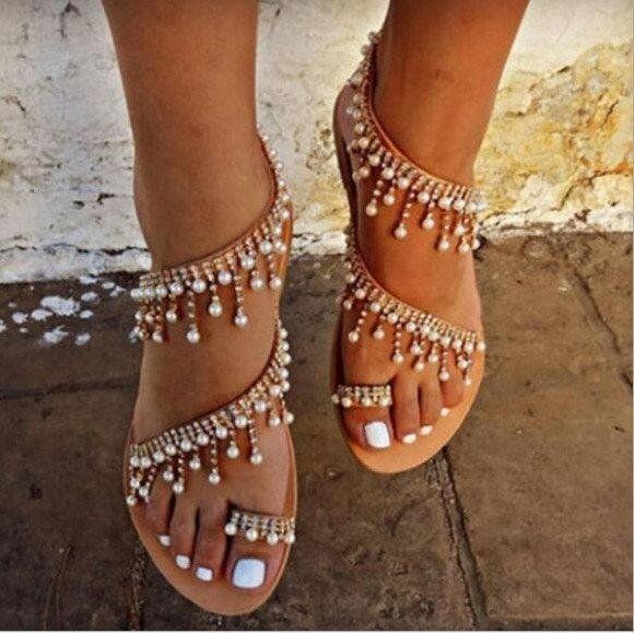 foreign trade Big size 43 Flat shoes Small Hanging bead Toenail Women's Shoes new pattern summer Sandals female Flat heel student Internet celebrity fashionable