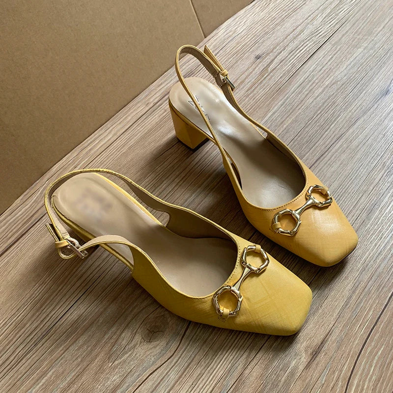 Square Toe High Heel Genuine Leather Retro Chunky Heel Sandals