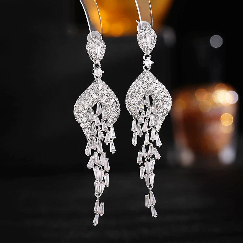 Sterling Silver Inlaid Zircon Long Banquet Earrings