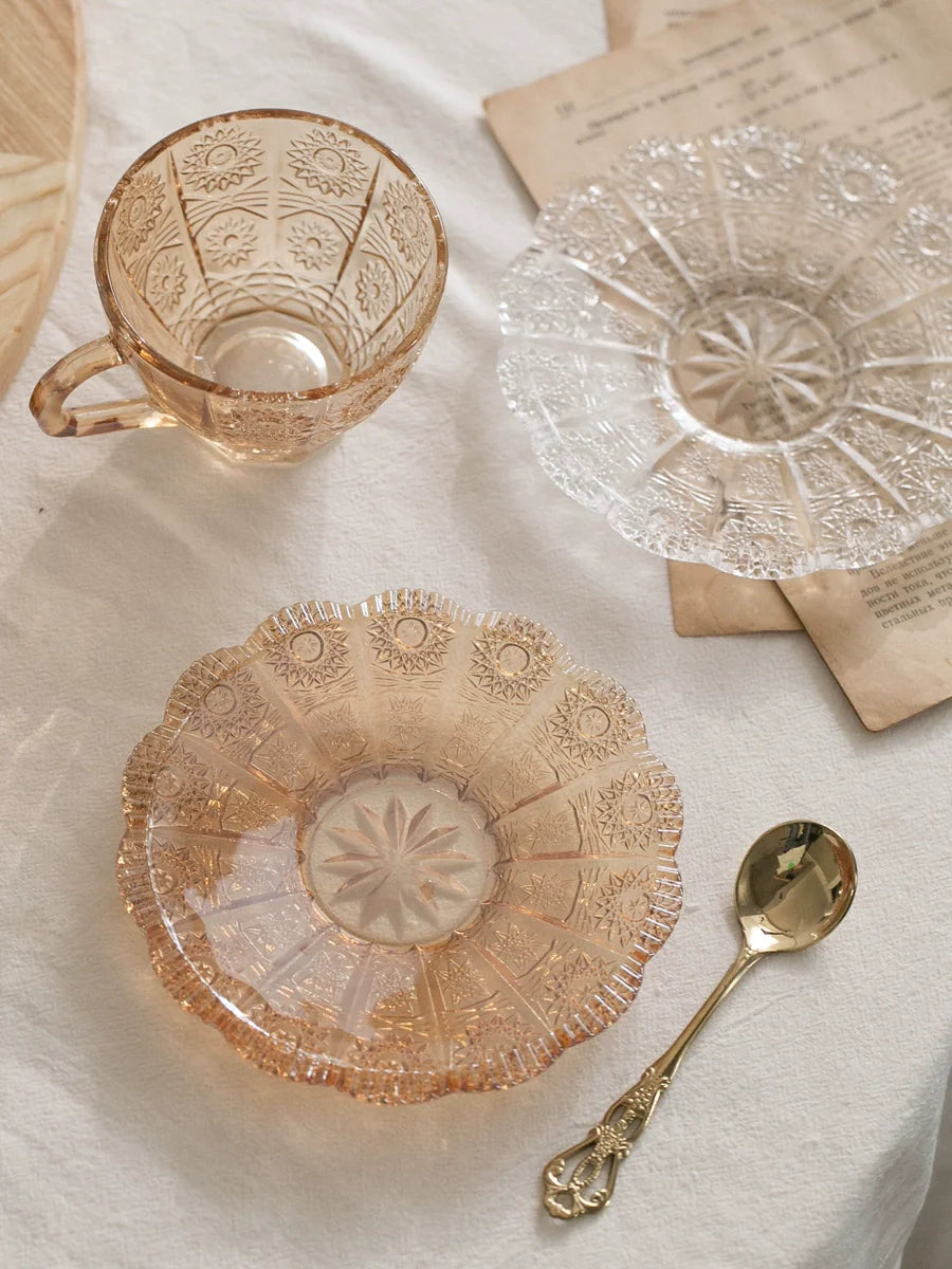 Retro Embossed Carved Tea Set Palace Style Glass and Glass Saucer