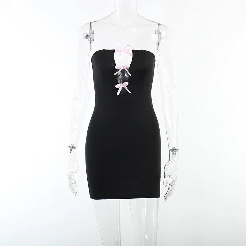 Hollow-out Tube Top Slim-Fit Skirt with Laced Front