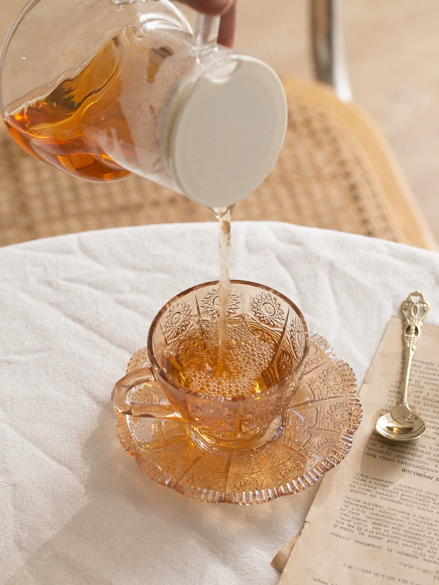 Retro Embossed Carved Tea Set Palace Style Glass and Glass Saucer