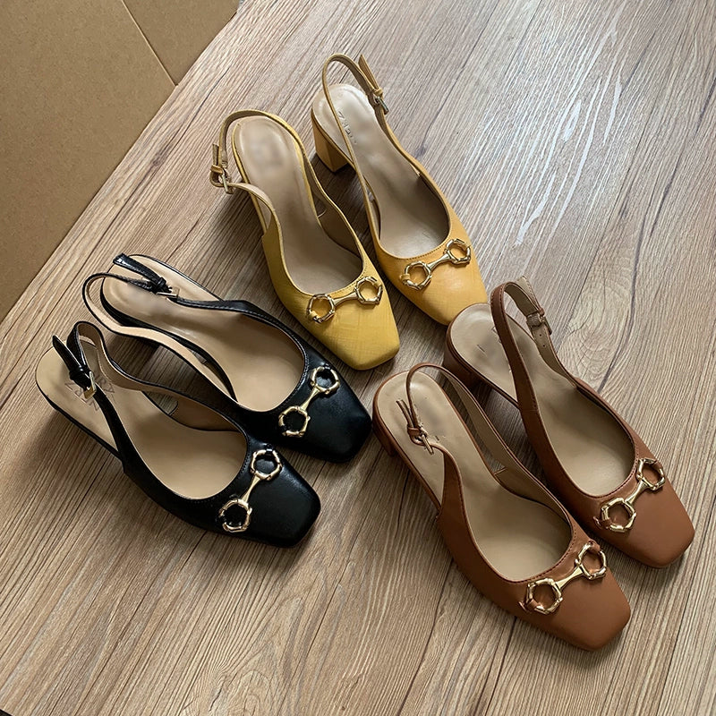Square Toe High Heel Genuine Leather Retro Chunky Heel Sandals