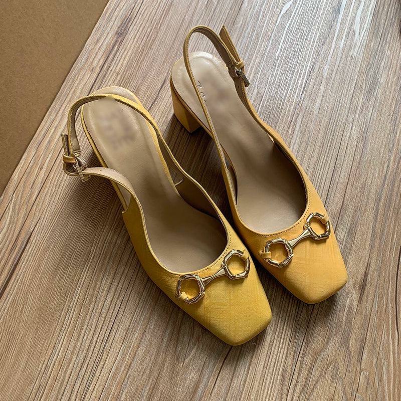 Square Toe High Heel Genuine Leather Retro Chunky Heel Sandals