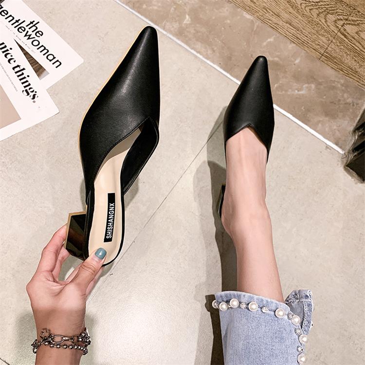 high-heeled shoes 2021 new pattern Fashionable and versatile Lazy shoes Sharp point Thick heel Baotou Half drag sandals  female summer Wear out