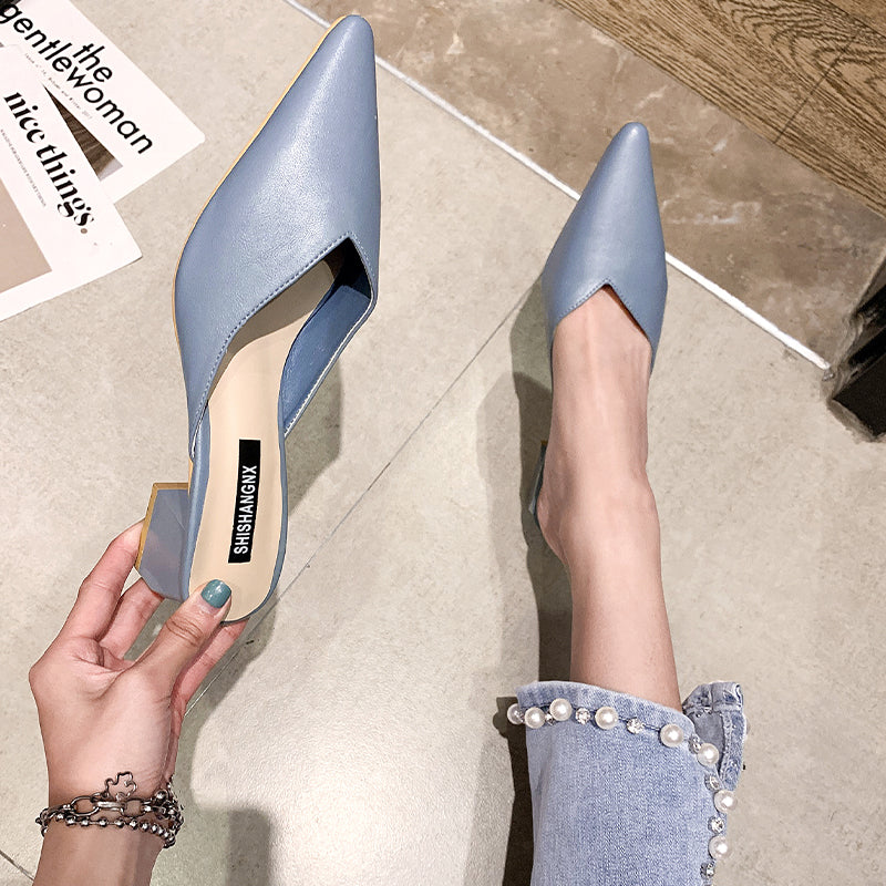 high-heeled shoes 2021 new pattern Fashionable and versatile Lazy shoes Sharp point Thick heel Baotou Half drag sandals  female summer Wear out