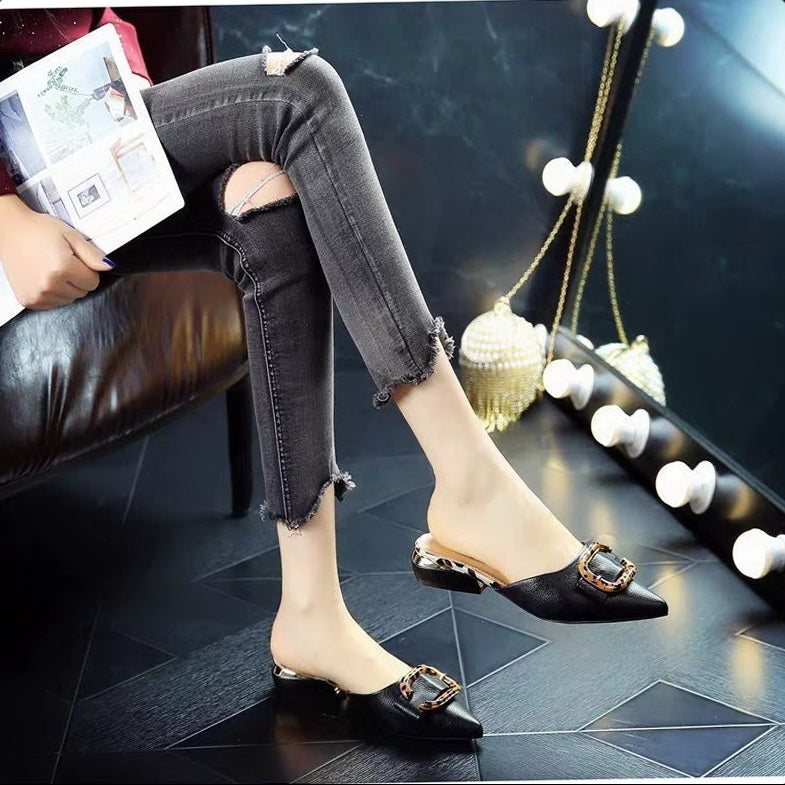 Half drag Single shoes Fairy wind 2021 summer new pattern Baotou slipper low-heel Sharp point ma'am Four seasons shoes Big size Women's Shoes 34