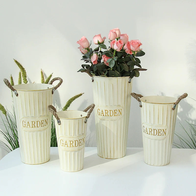 Retro Nostalgic White Flower Buckets for Home Decoration -  Flower Arranging Decor