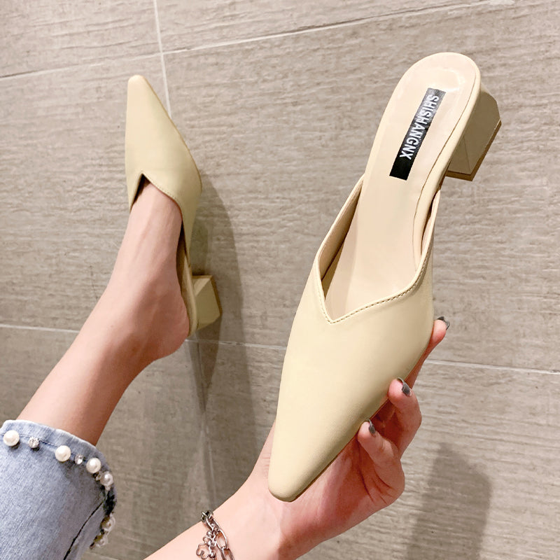 high-heeled shoes 2021 new pattern Fashionable and versatile Lazy shoes Sharp point Thick heel Baotou Half drag sandals  female summer Wear out