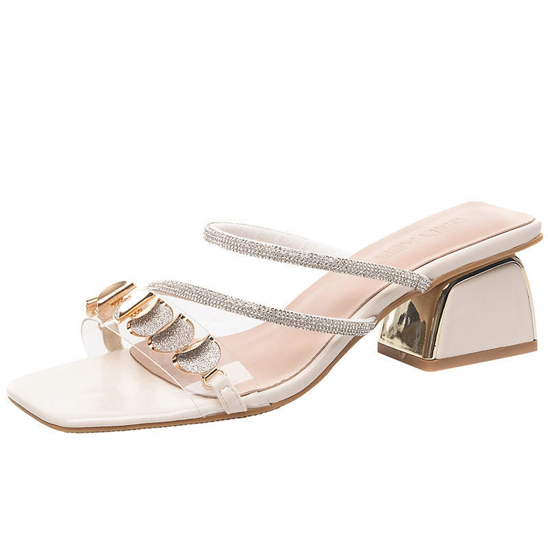 shoes summer female Sandals slipper Wear out Diamond shoes fashion Thick heel high-heeled shoes Middle heel