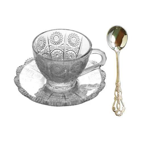 Retro Embossed Carved Tea Set Palace Style Glass and Glass Saucer