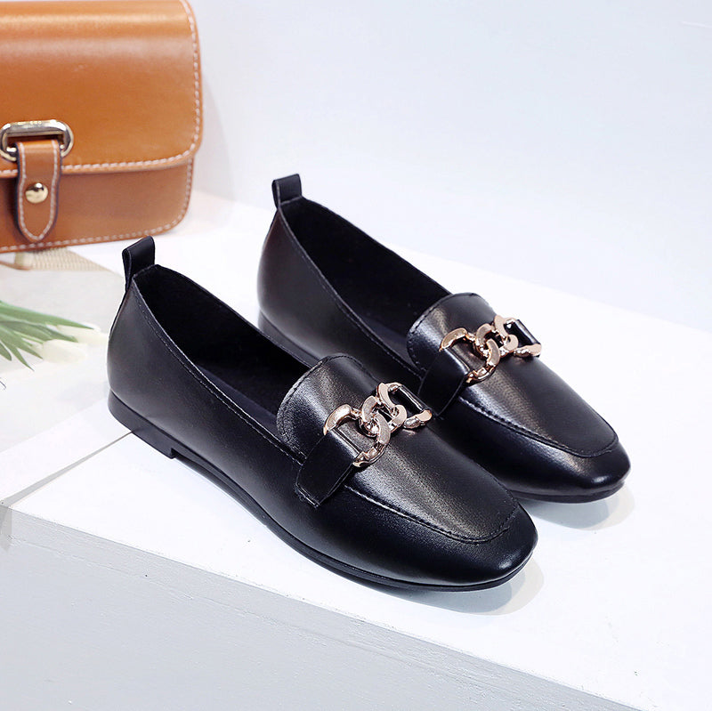 2021 summer new pattern Lefu Midmouth Square head low-heel chain Casual and versatile commute Women's shoes Flat bottom work leather shoes