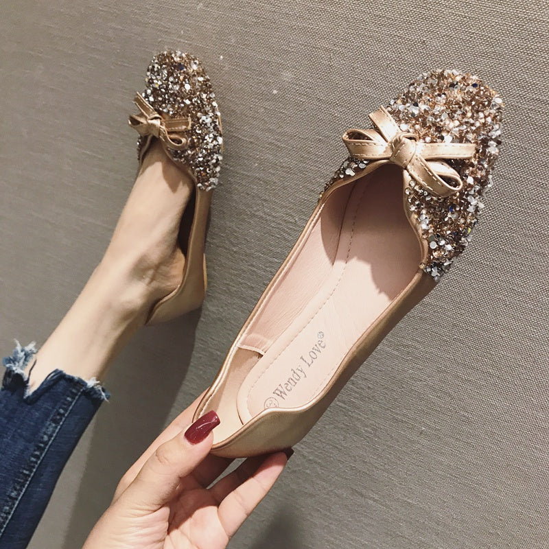 Wendy Love shoes female 2021 autumn new pattern Wedding shoes Fairy shoes Sequins gules Flat bottom Single shoes female Square head Big size Women's Shoes