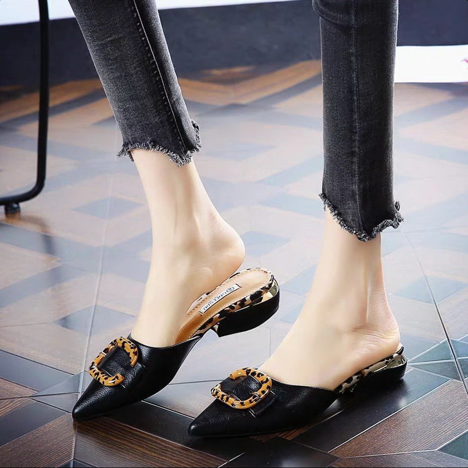 Half drag Single shoes Fairy wind 2021 summer new pattern Baotou slipper low-heel Sharp point ma'am Four seasons shoes Big size Women's Shoes 34
