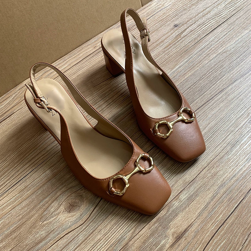 Square Toe High Heel Genuine Leather Retro Chunky Heel Sandals
