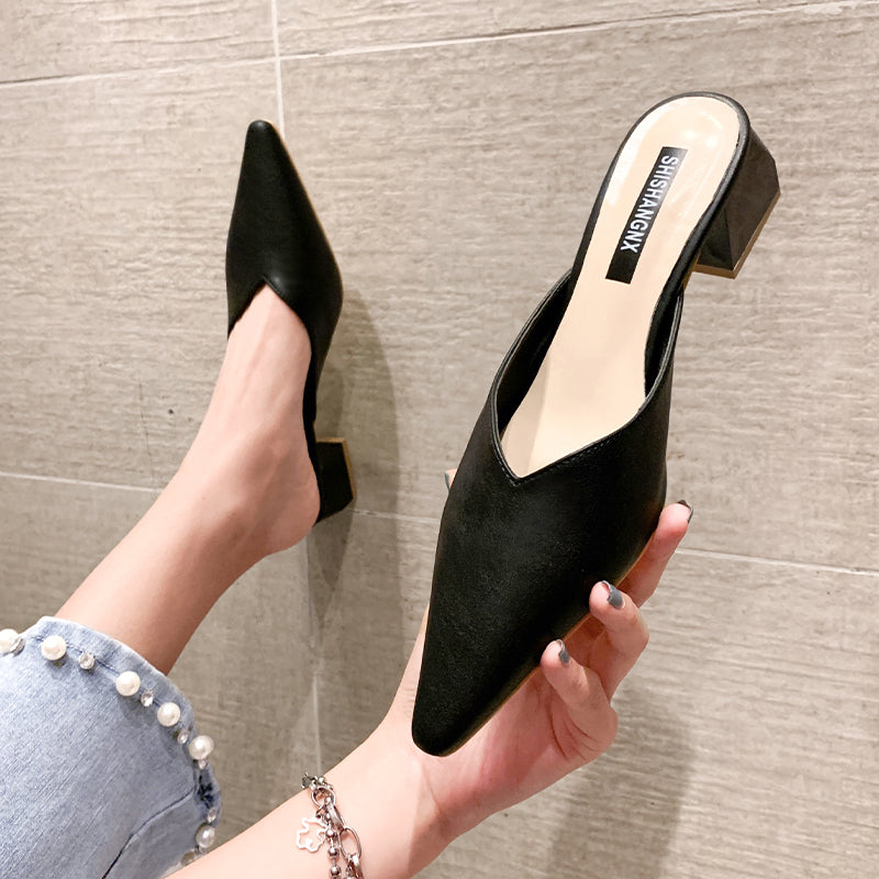 high-heeled shoes 2021 new pattern Fashionable and versatile Lazy shoes Sharp point Thick heel Baotou Half drag sandals  female summer Wear out
