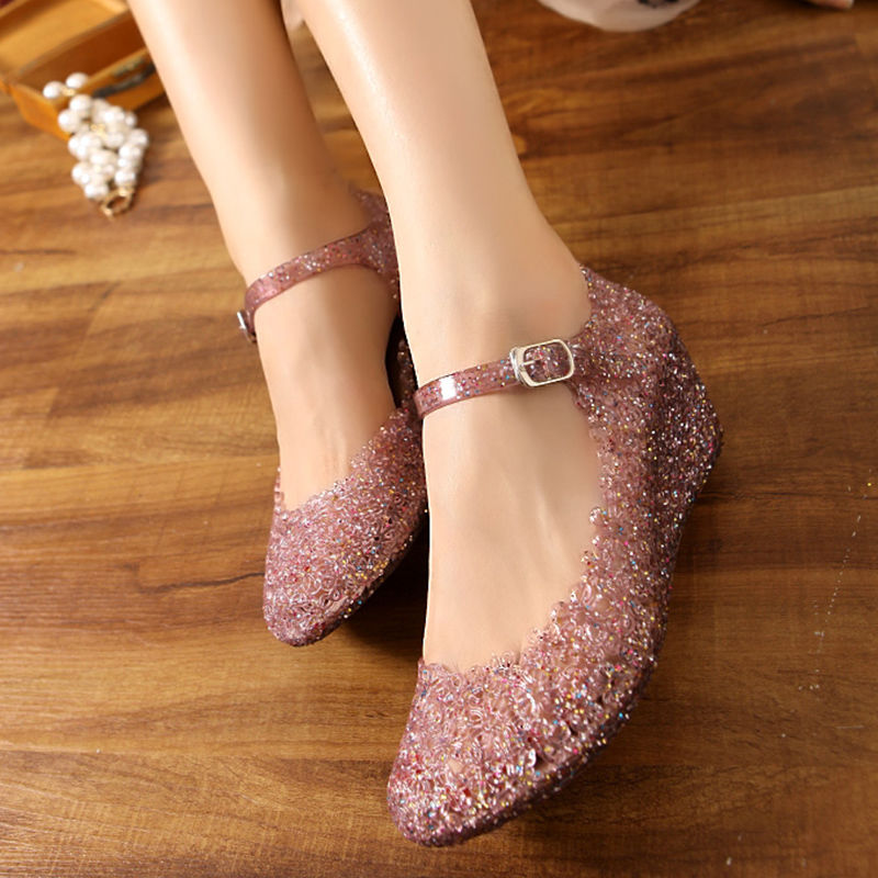 new pattern crystal Sandals Slope heel Women's Shoes princess high-heeled shoes Women's money melissa  Square dance shoes Baotou Thick bottom Middle heel