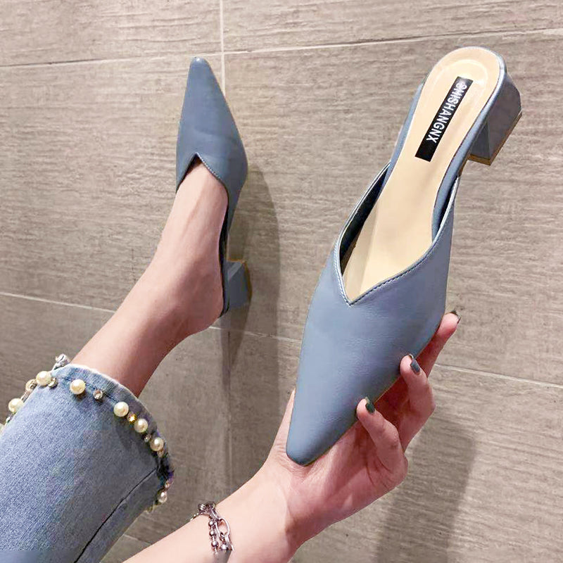 high-heeled shoes 2021 new pattern Fashionable and versatile Lazy shoes Sharp point Thick heel Baotou Half drag sandals  female summer Wear out