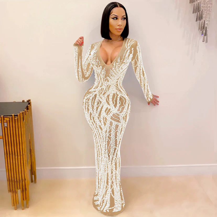 Women's Mid Slit Rhinestone Sheer Mesh Dress