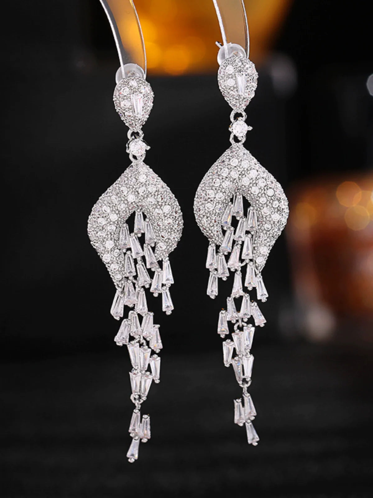 Sterling Silver Inlaid Zircon Long Banquet Earrings