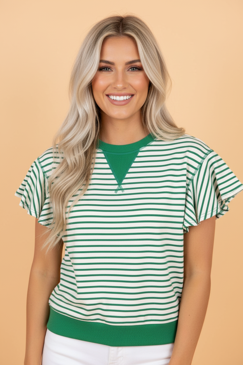 Stripe Contrast Detail Ruffle Short Sleeve Top