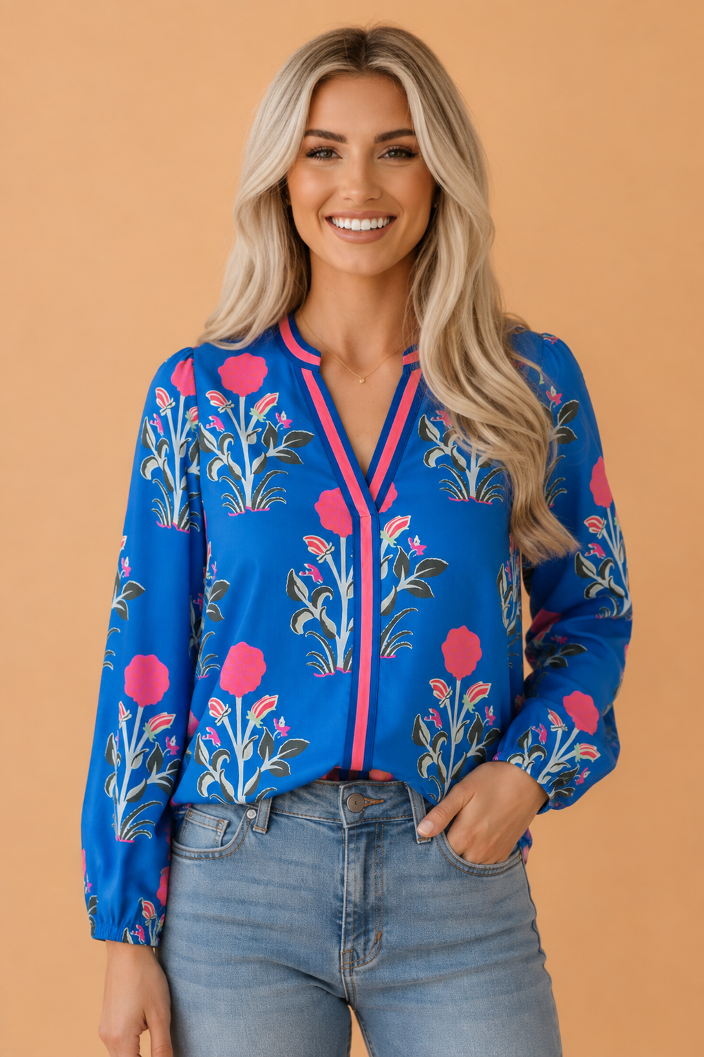 Floral Stripe Trim Notch Neck Long Sleeve Blouse