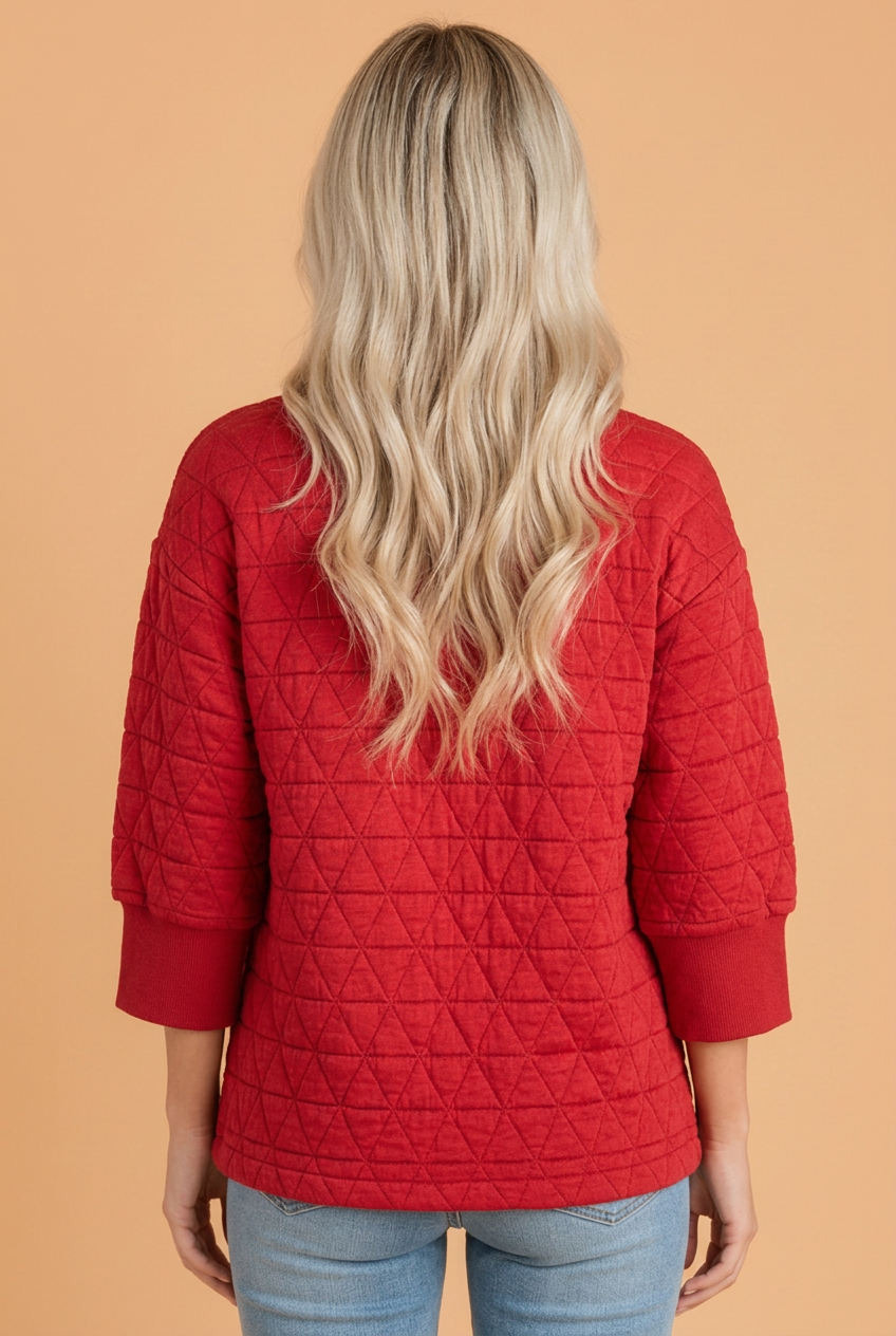 Solid Quilted Textured 3/4 Sleeve Top w/ Pockets
