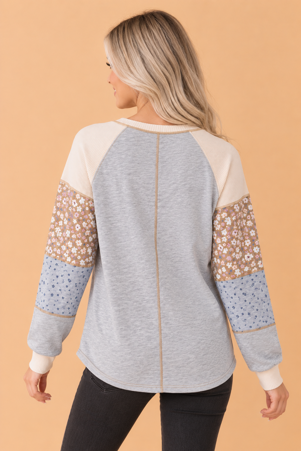 Floral Waffle Patchwork Raglan Long Sleeve Top