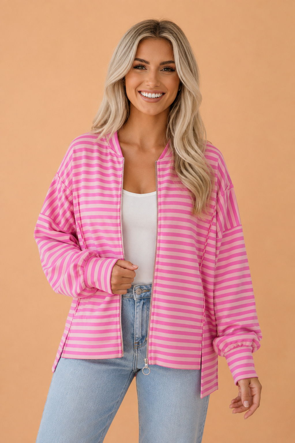 Stripe Puff Sleeve Zip-Up Sweatshirt Jacket