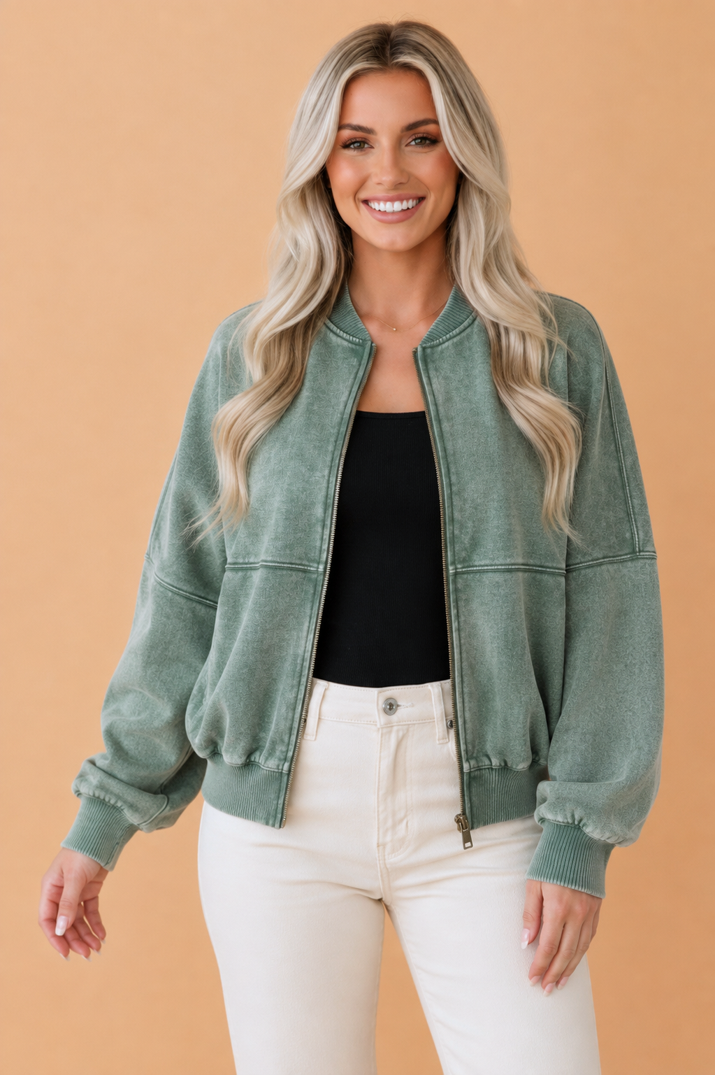 Mineral Wash Zip Up Bomber Jacket Sweatshirt