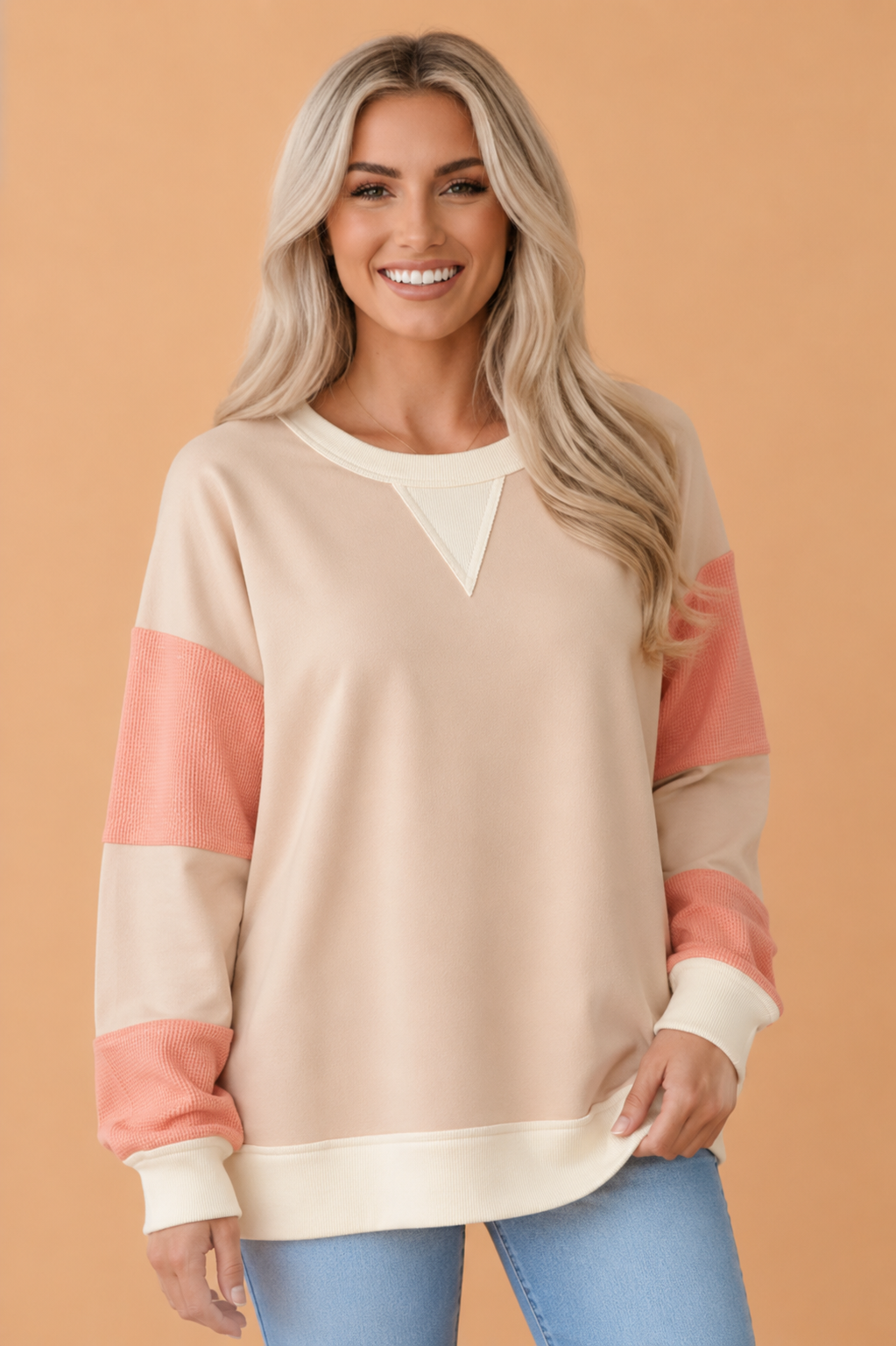 Colorblock Waffle Knit Patchwork Long Sleeve Sweatshirt