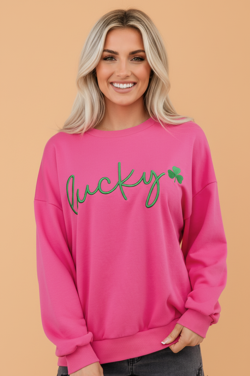 St Patrick Lucky Clover Embroidered Pullover Sweatshirt