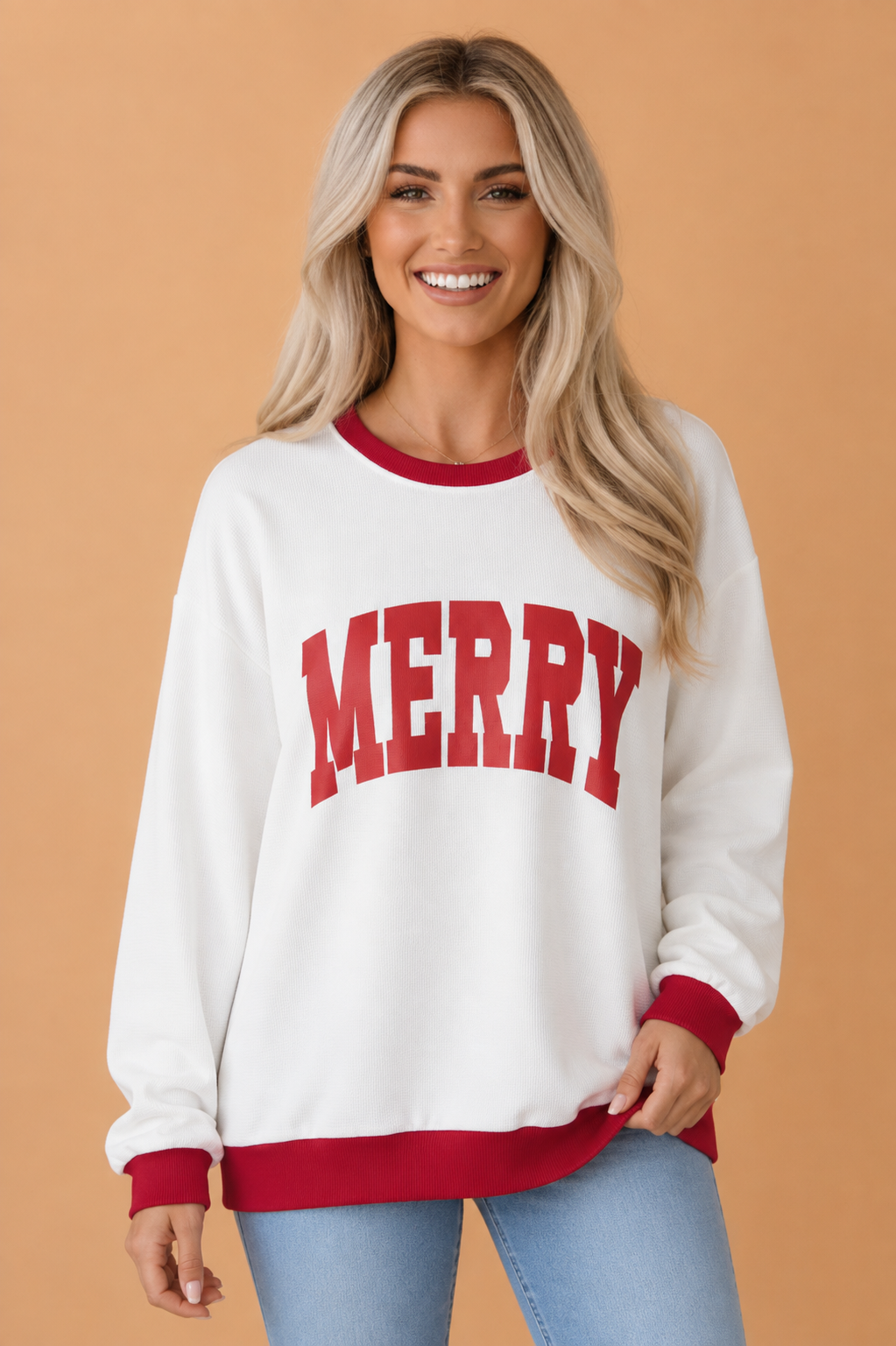 Merry Colorblock Waffle Knit Christmas Sweatshirt