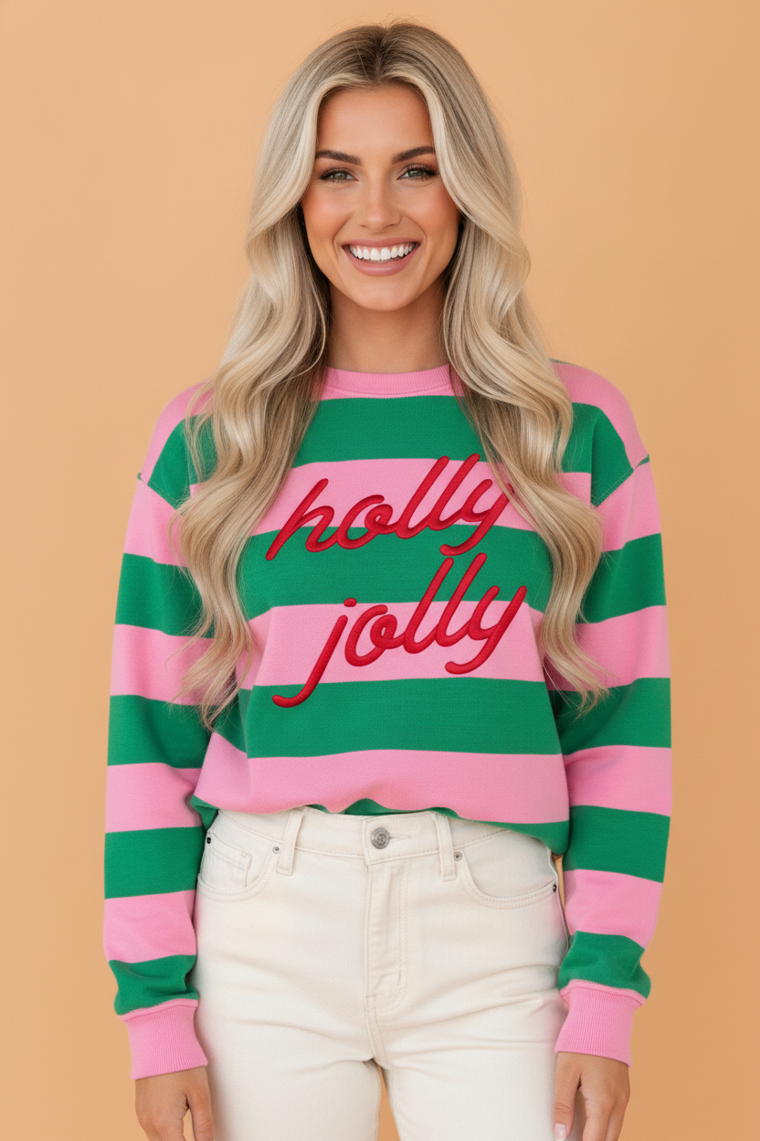 Christmas Holly Jolly Embroidered Stripe Sweatshirt