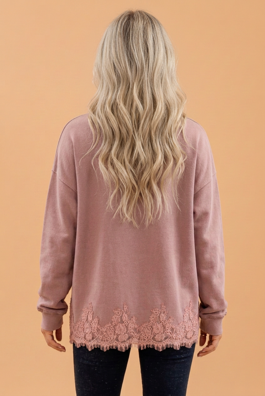 Solid Lace Hem Mock Neck Sweatshirt