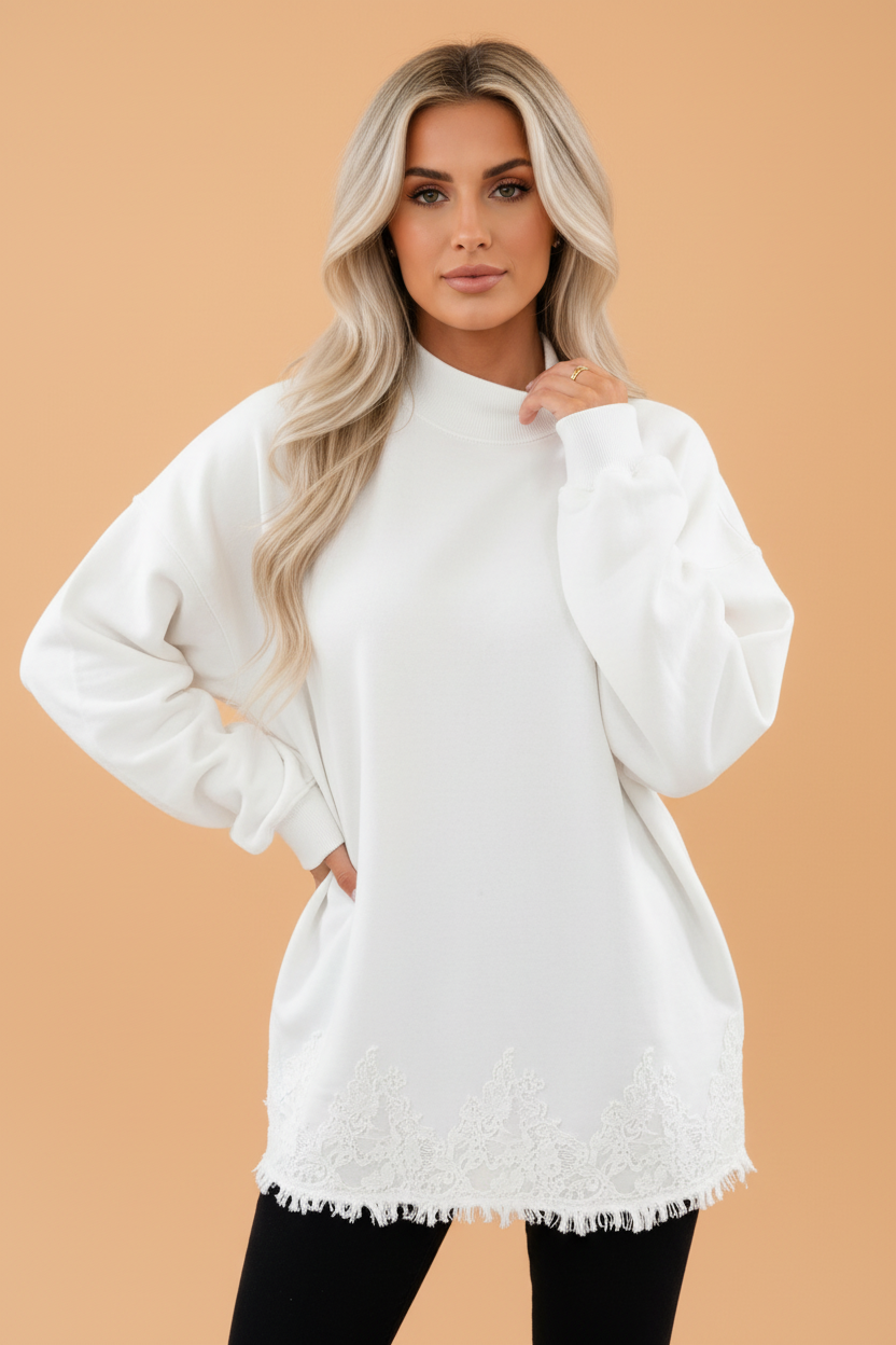 Solid Lace Hem Mock Neck Sweatshirt