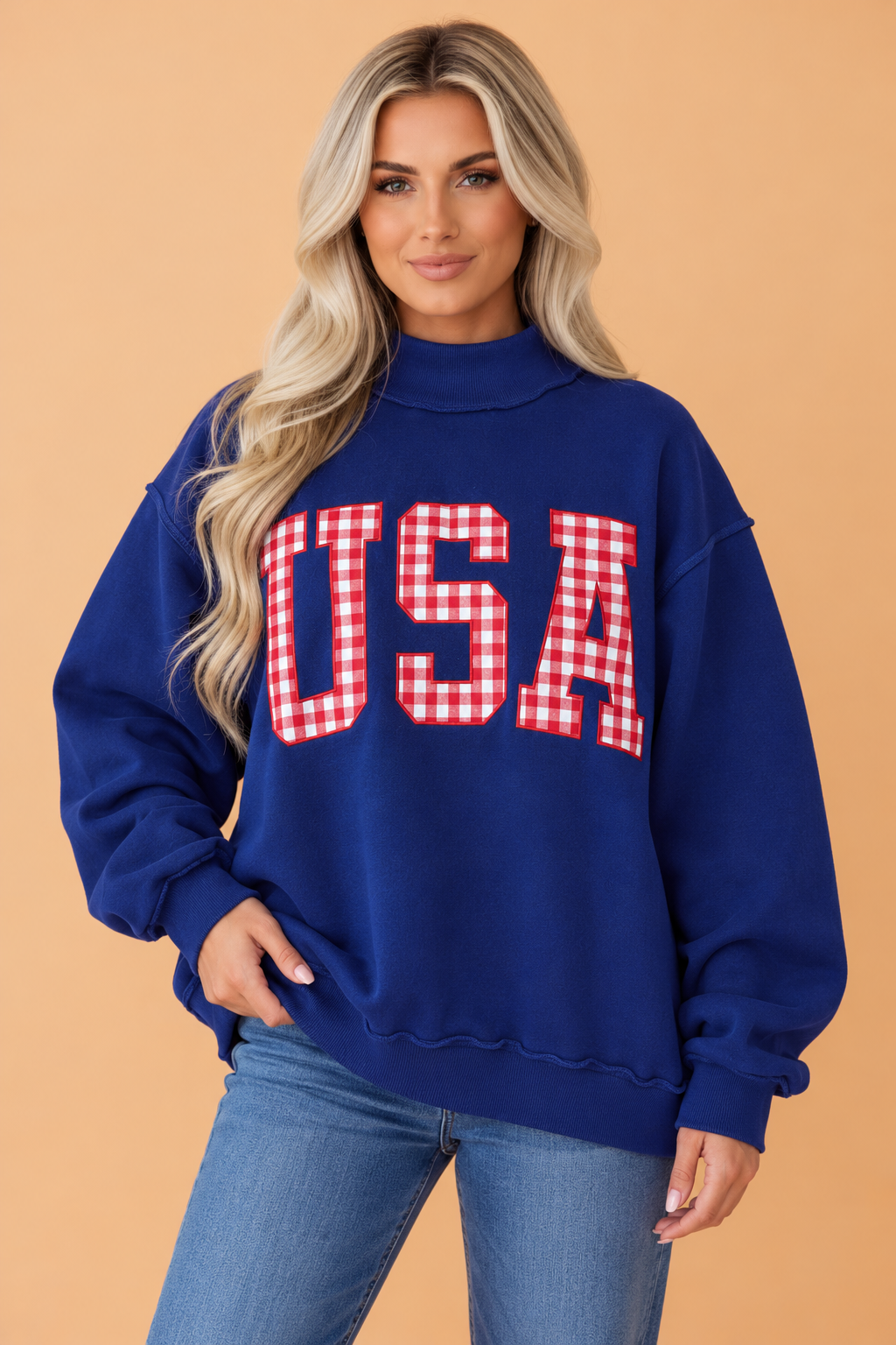 USA Gingham Exposed Seam Mock Neck Sweatshirt