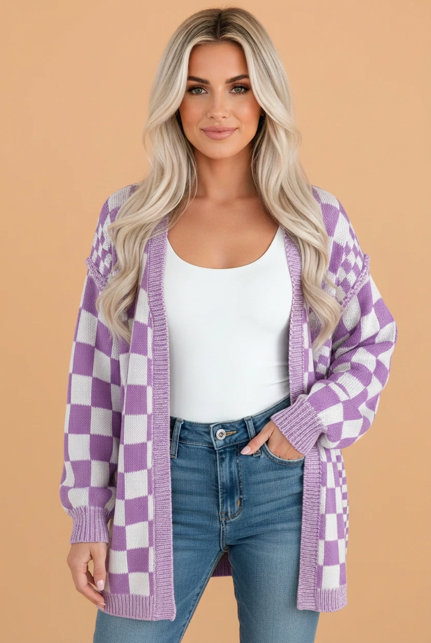 Checker Open Front Drop Shoulder Cardigan