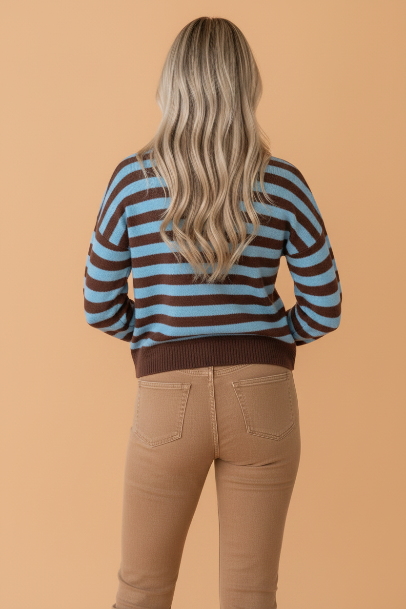 Stripe Colorblock Crew Neck Ribbed Cuff Sweater