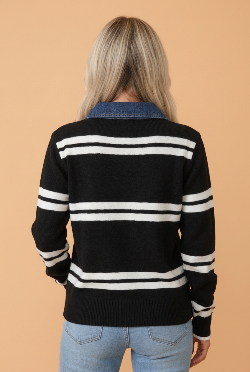 Stripe Denim Patchwork Polo Collar Knit Sweater