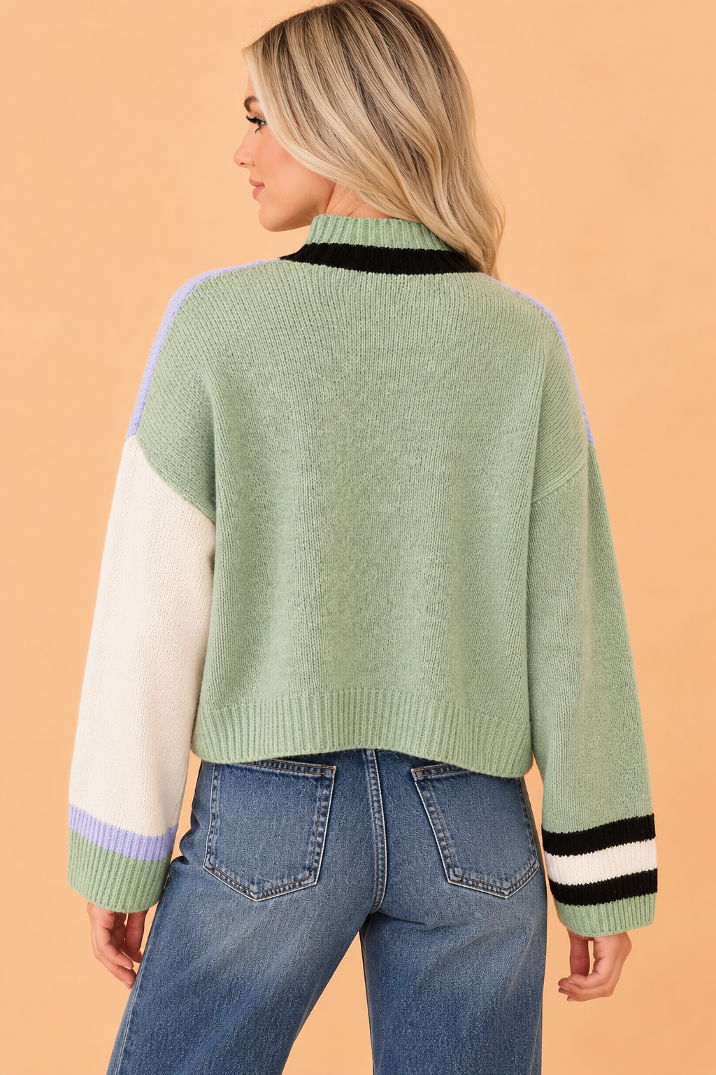 Colorblock Mock Neck Loose Long Sleeve Sweater