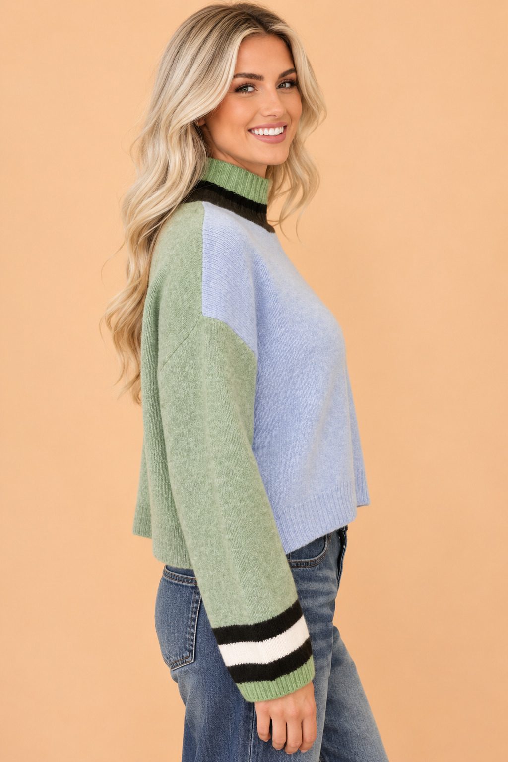 Colorblock Mock Neck Loose Long Sleeve Sweater