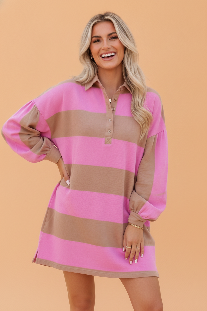 Stripe Button Up Collared V-Neck Long Sleeve Dress
