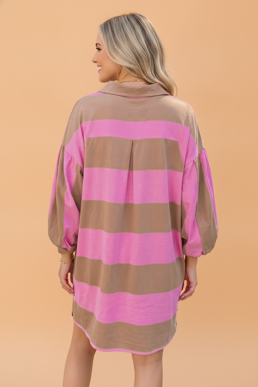 Stripe Button Up Collared V-Neck Long Sleeve Dress