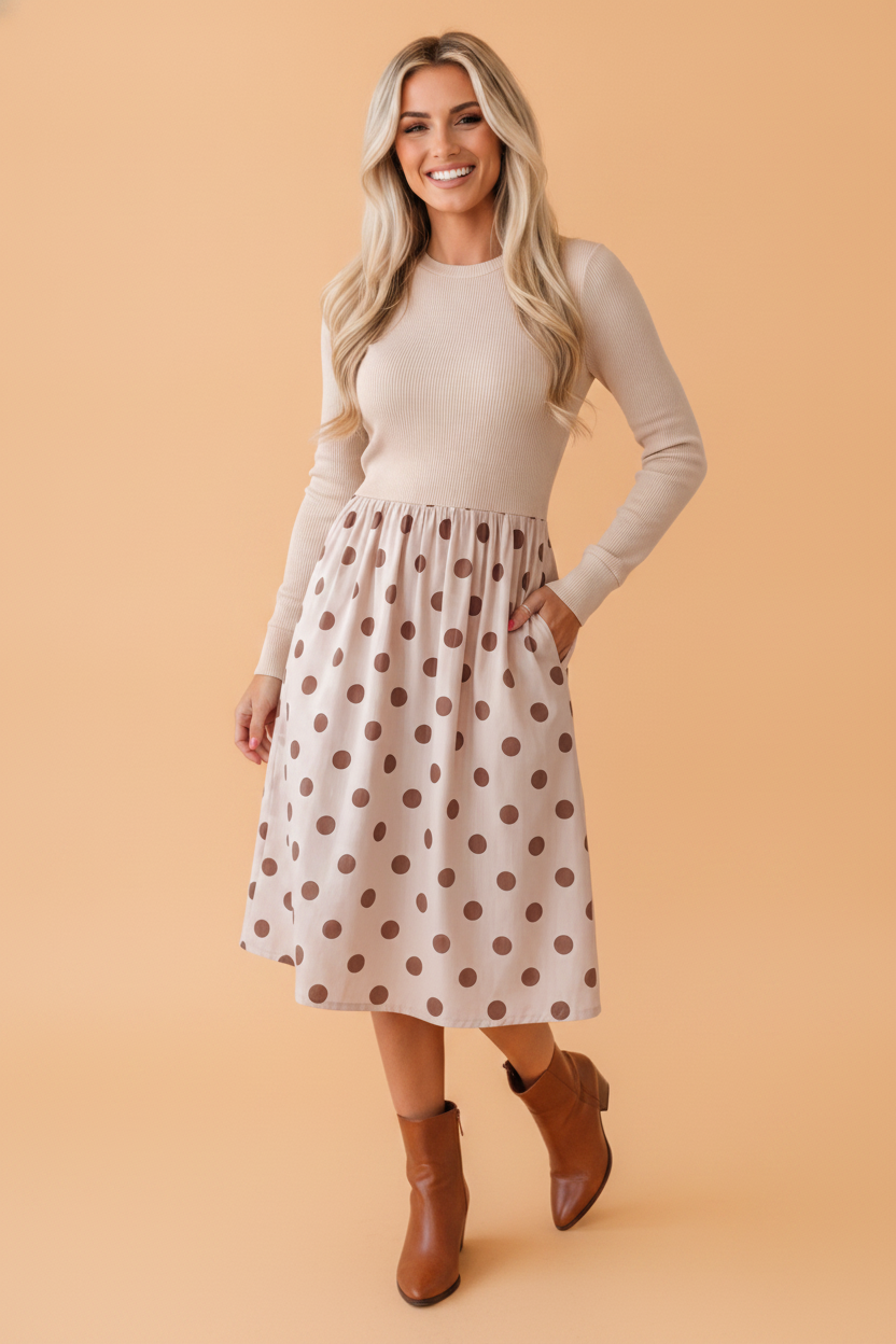 Polka Dot Patchwork Ribbed Long Sleeve Midi Dress