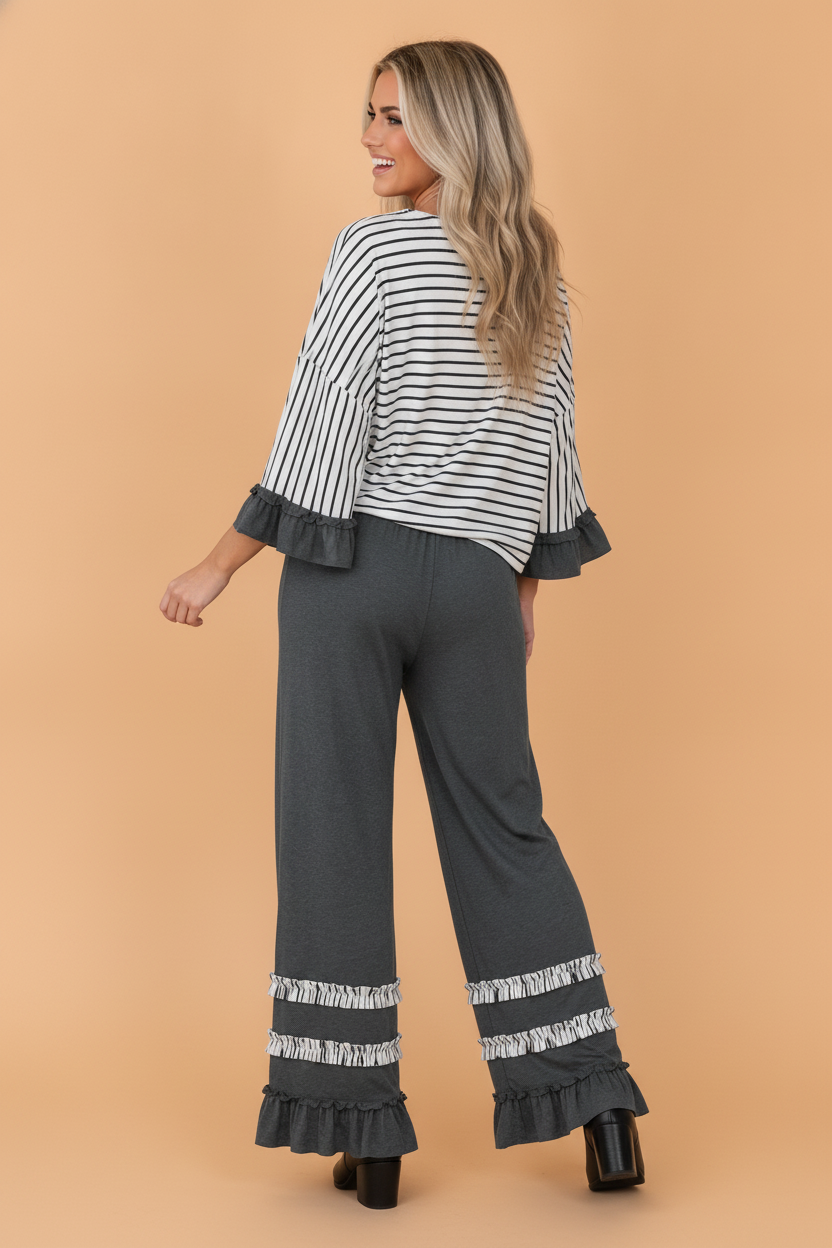 Stripe Ruffle Patchwork V-Neck Top & Pants Set