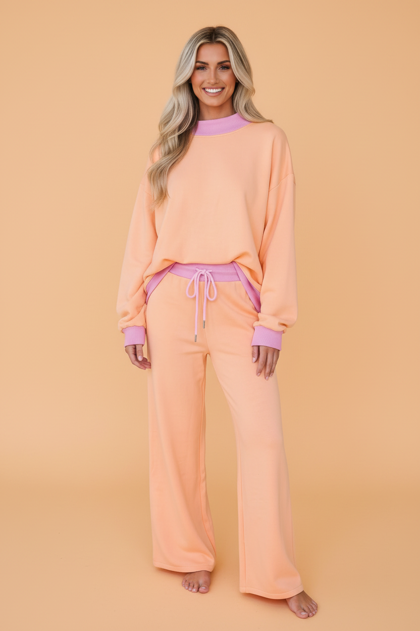 Colorblock Pullover Top & Drawstring Pants Set