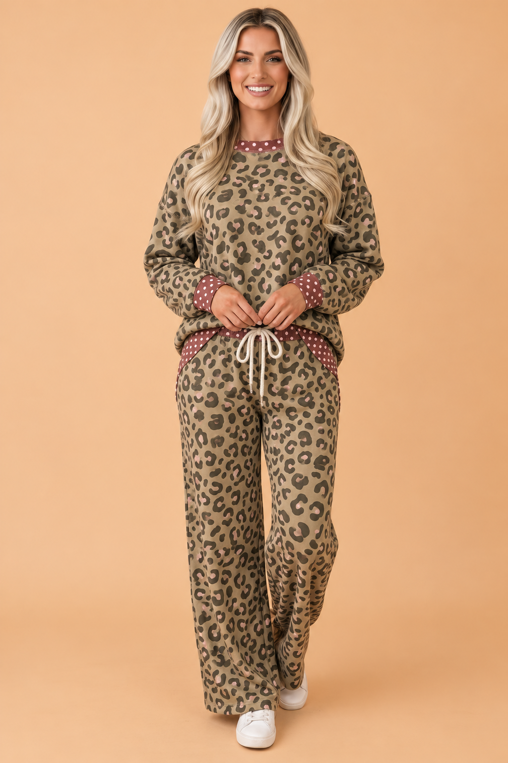 Leopard Polka Dot Colorblock Trim Top & Pants Set