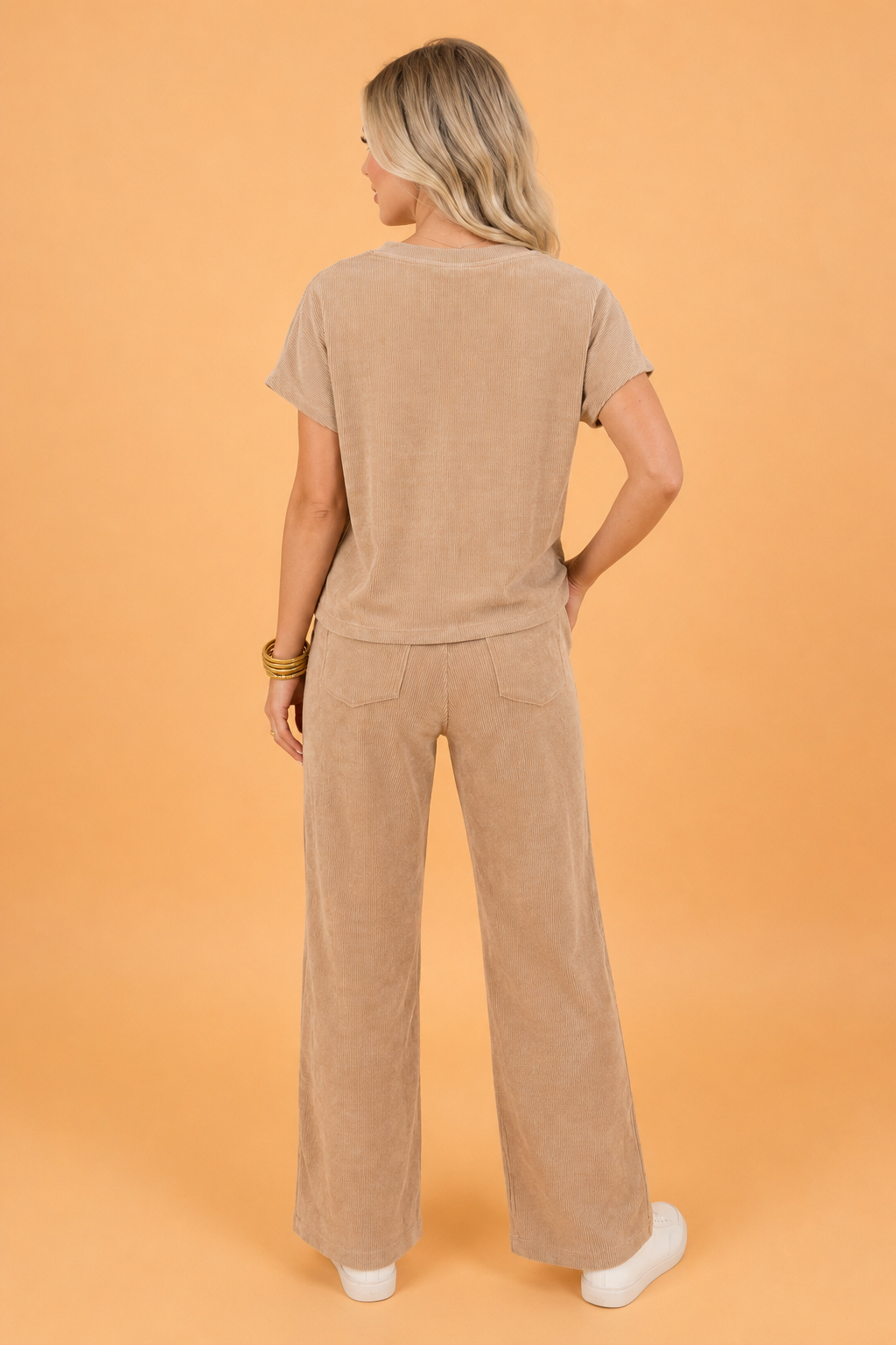 Ribbed Short Sleeve Top & Wide Leg Pants Set