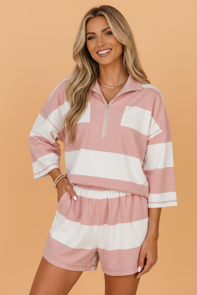 Stripe Half Zip 3/4 Sleeve Top & Shorts Set